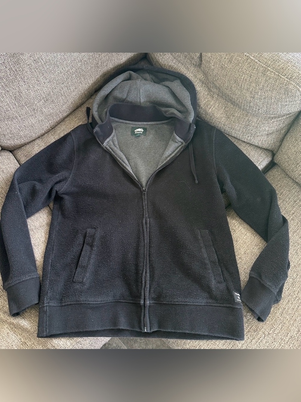 Roots Men's Black Sherpa Fleeced Lining Full Zip Hoodie Sweatshirt Size Large